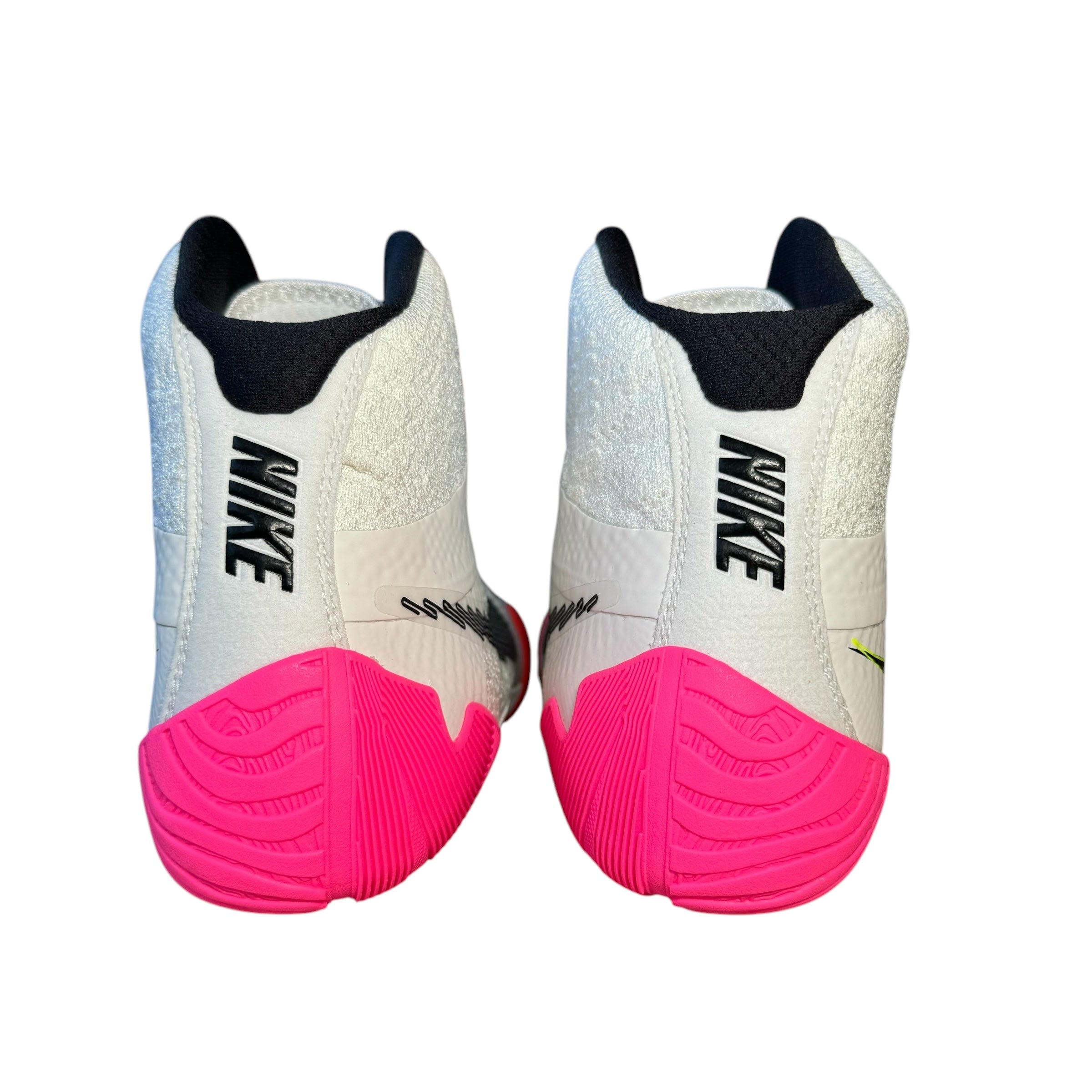 Nike Tawa SE Tokyo Olympic Wrestling Boots from rear, white with black Nike text pink and orange
