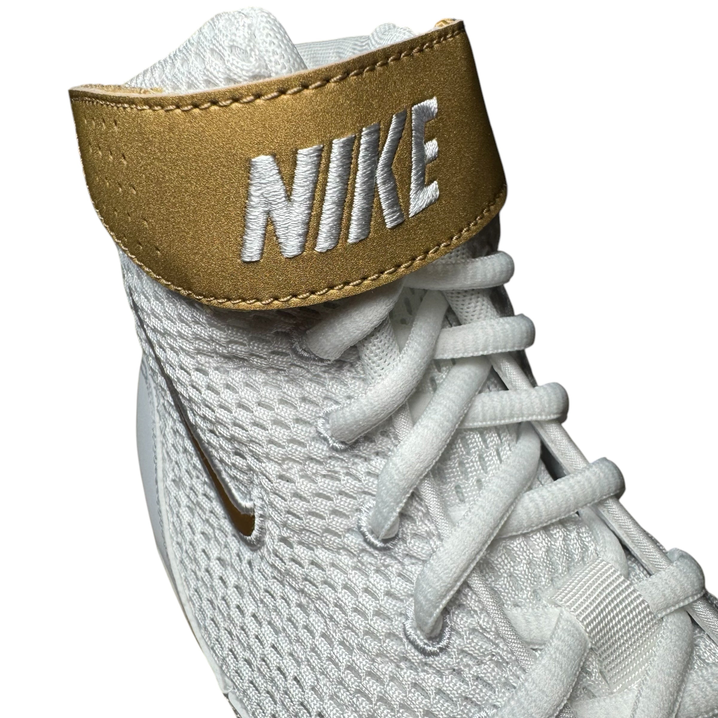 Nike Inflict 3 Wrestling Boots white gold with gold Nike swoosh and gold Nike text on Velcro strap