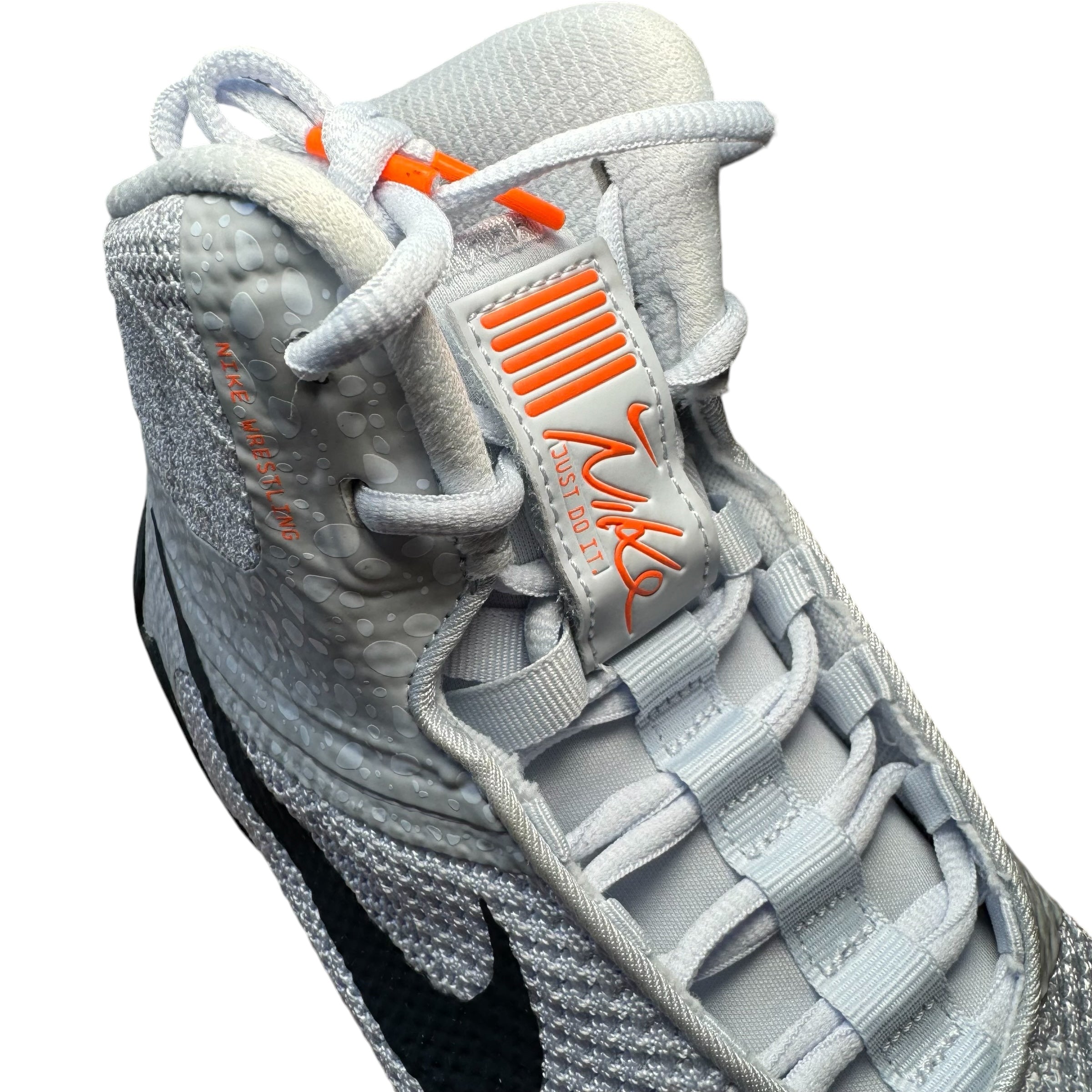 Nike Tawa SE Olympic Wrestling Boots cloe up look at tongue grey with orange Nike text
