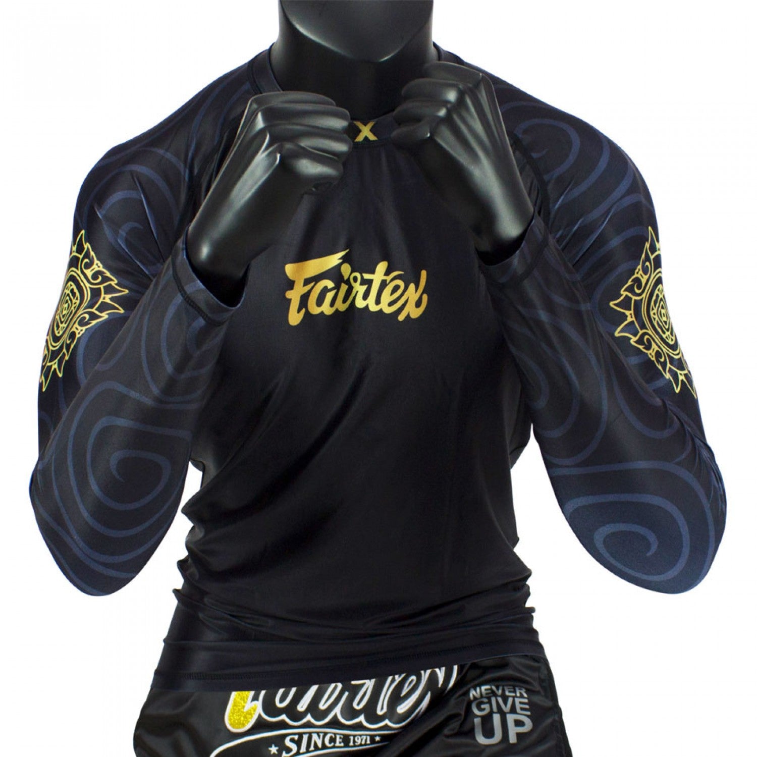 Fairtex Ninlapat Long Sleeve Rash Guard Black Gold with gold fairtex logo