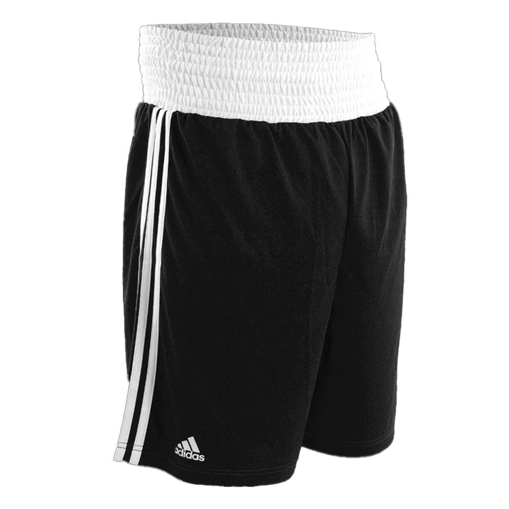 adidas base boxing shorts black with white waistband and white adidas logo