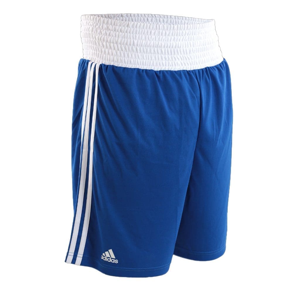 adidas base boxing shorts blue with white waistband and white adidas logo