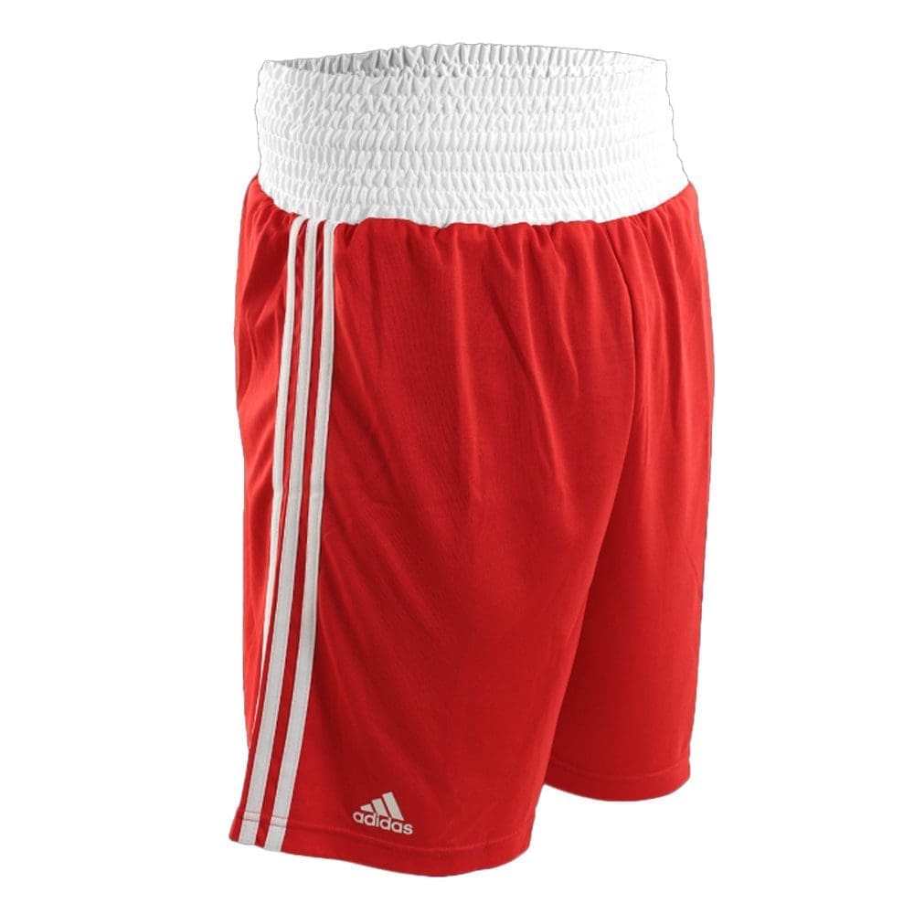 adidas base boxing shorts red with white waistband and white adidas logo