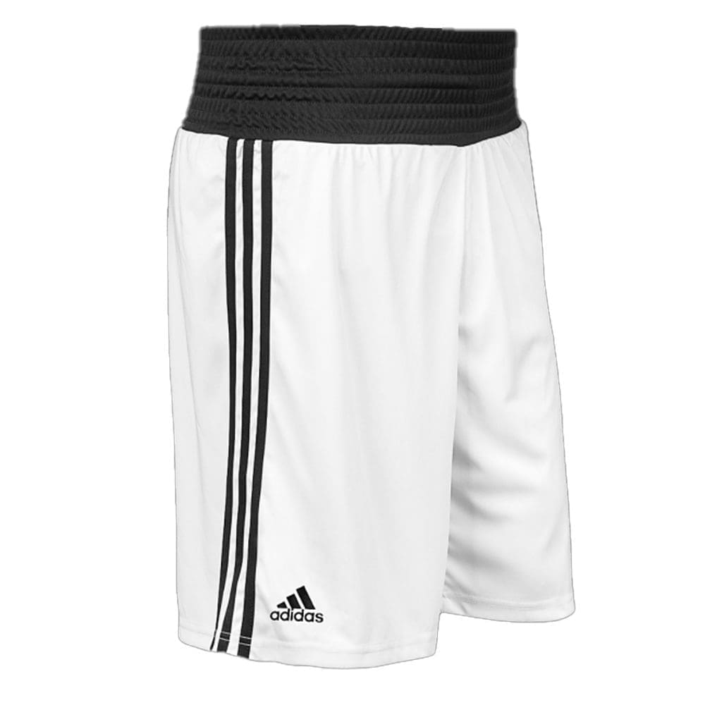 adidas base boxing shorts white with black waistband and black adidas logo