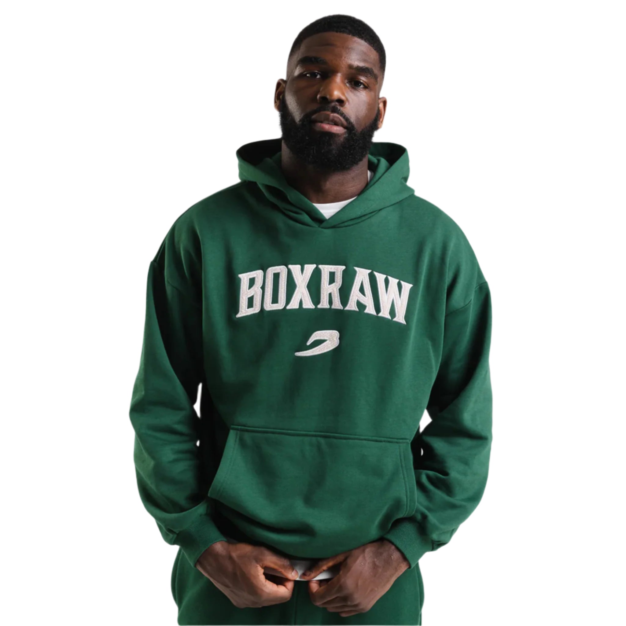 boxraw east street hoodie green with white boxraw logo on front chest