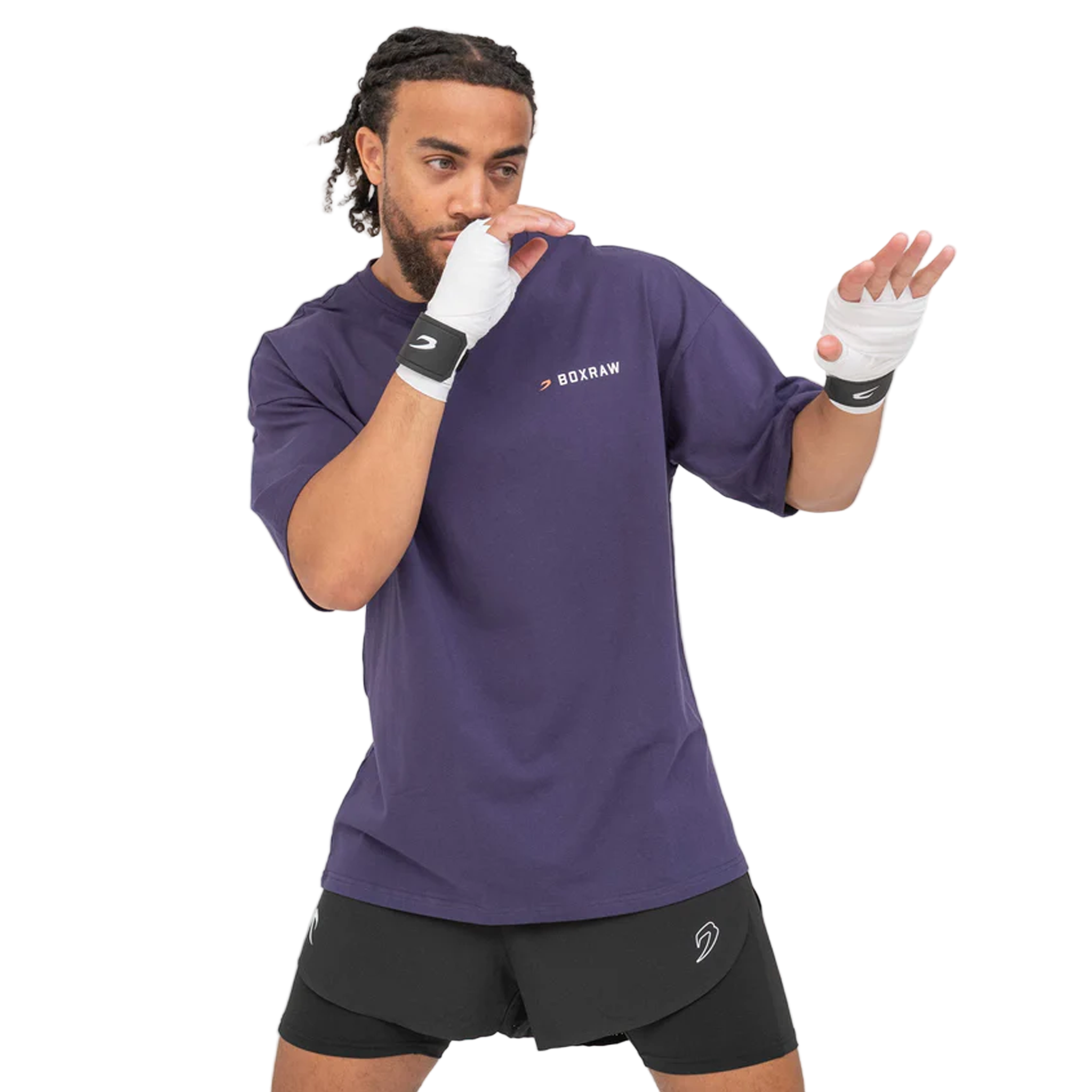 Man wearing a BOXRAW We dont play boxing oversised t shirt purple with BOXRAW logo on front chest