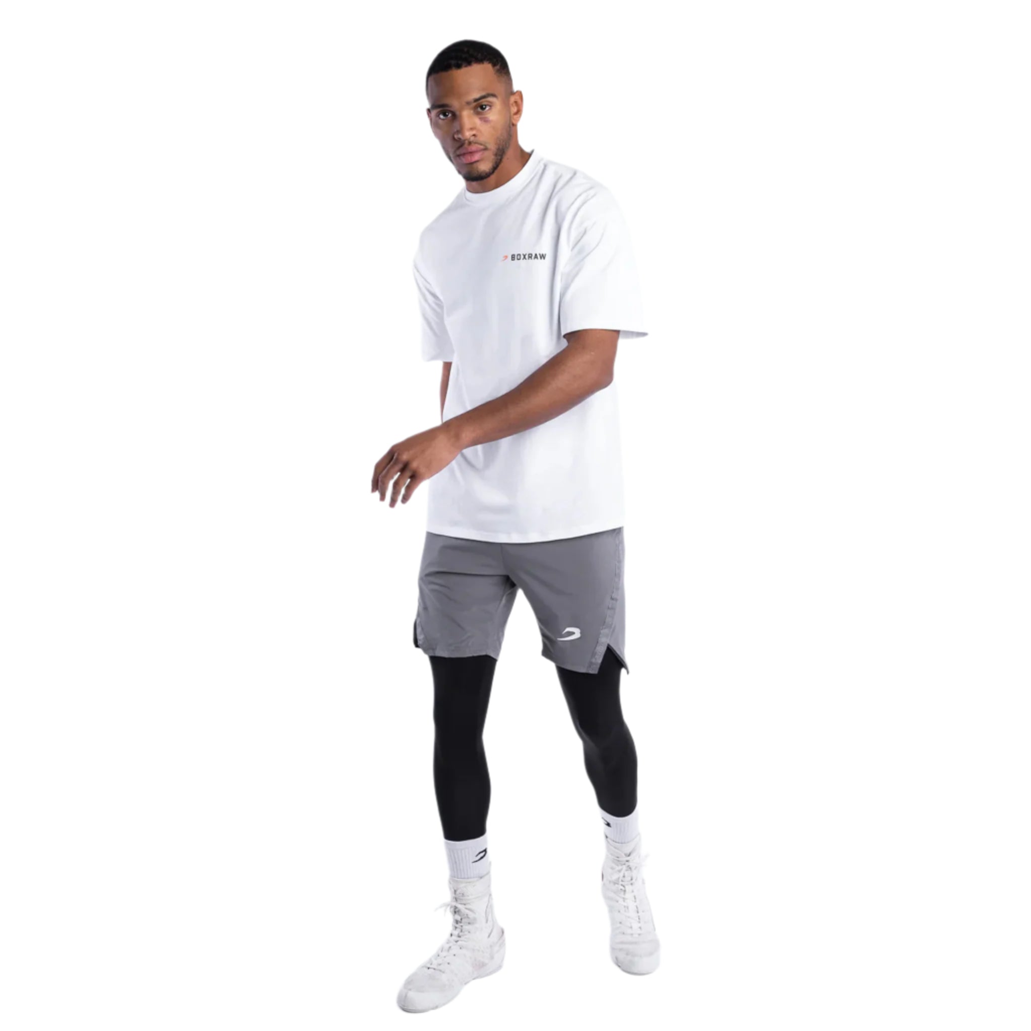 BOXRAW We Dont Play Boxing Oversized T-Shirt white with small front chest print BOXRAW text in black