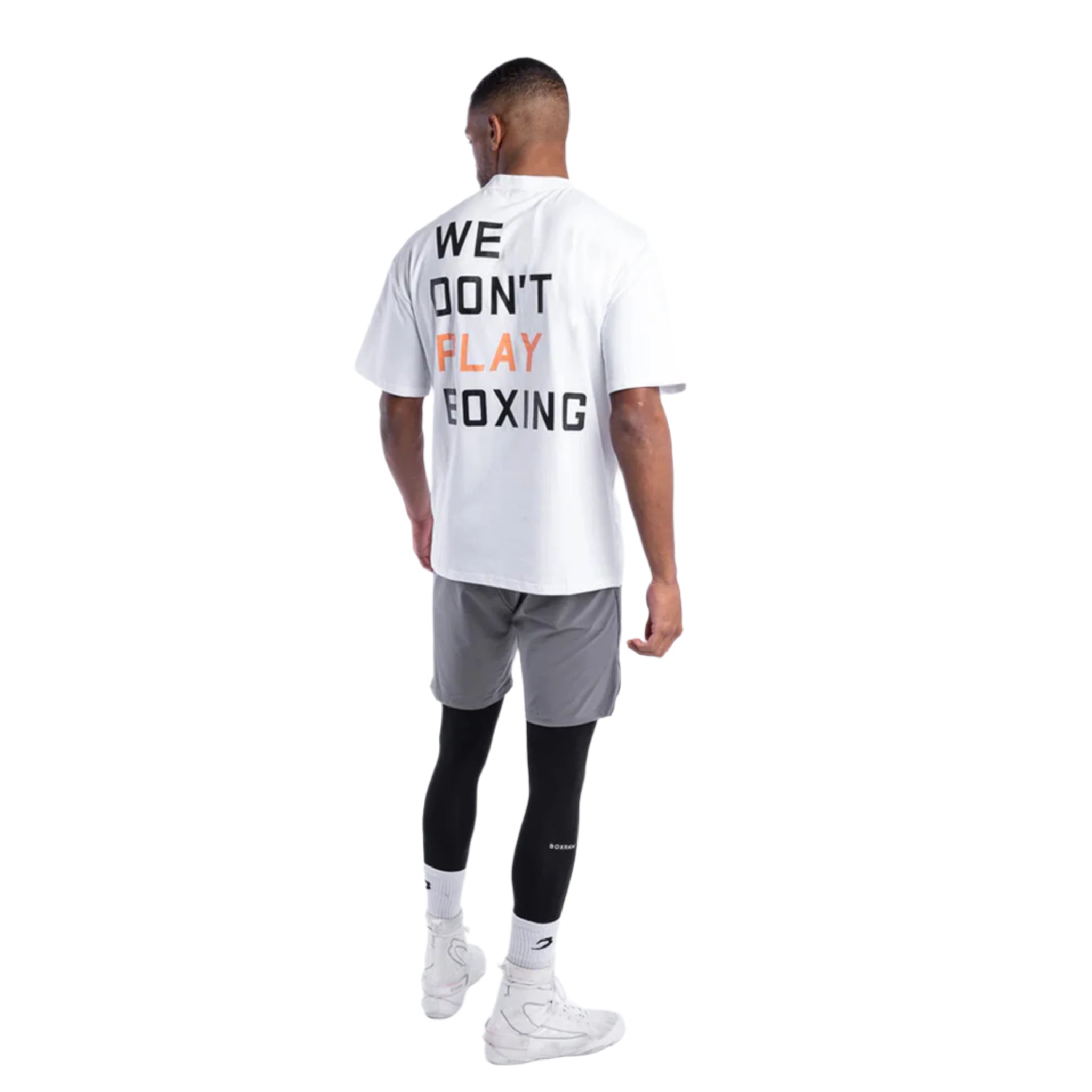 BOXRAW We Dont Play Boxing Oversized T-Shirt white with WE DONT PLAY BOXING text on back