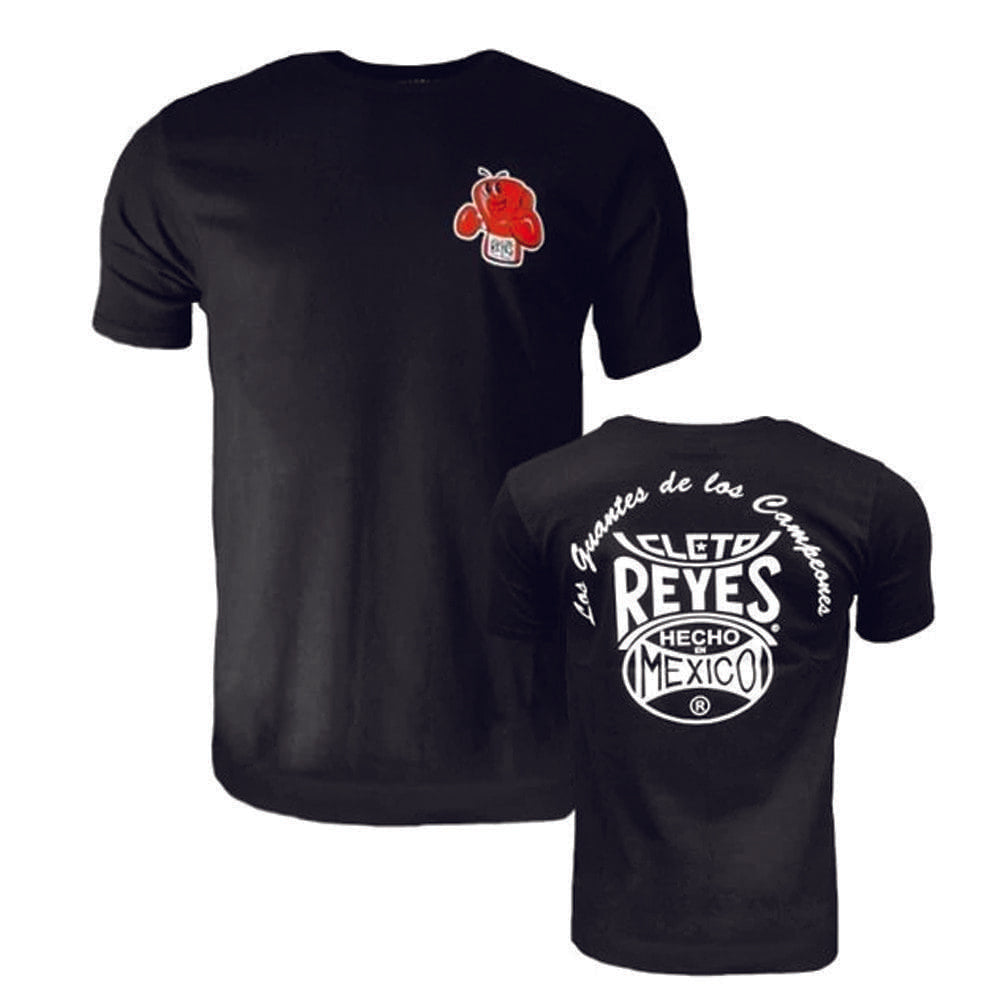 cleto reyes logo t-shirt in black with red boxing glove logo on front and large white Cleto Reyes logo text in white
