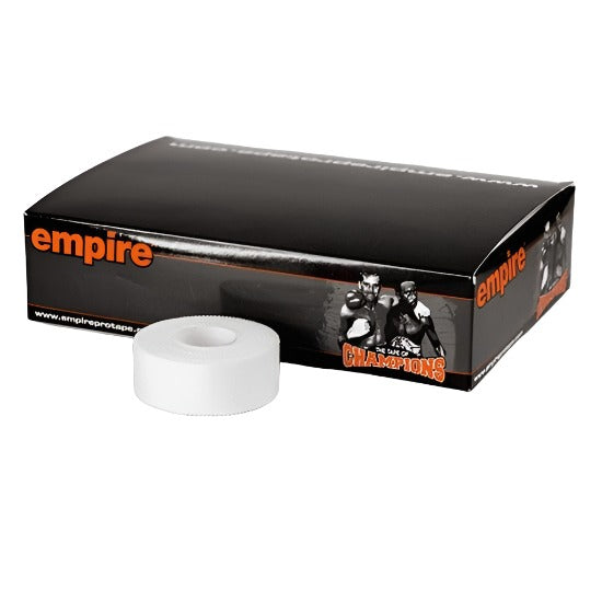 Empire Gym Tape White 2.5cm single roll in front of a black Empire branded box