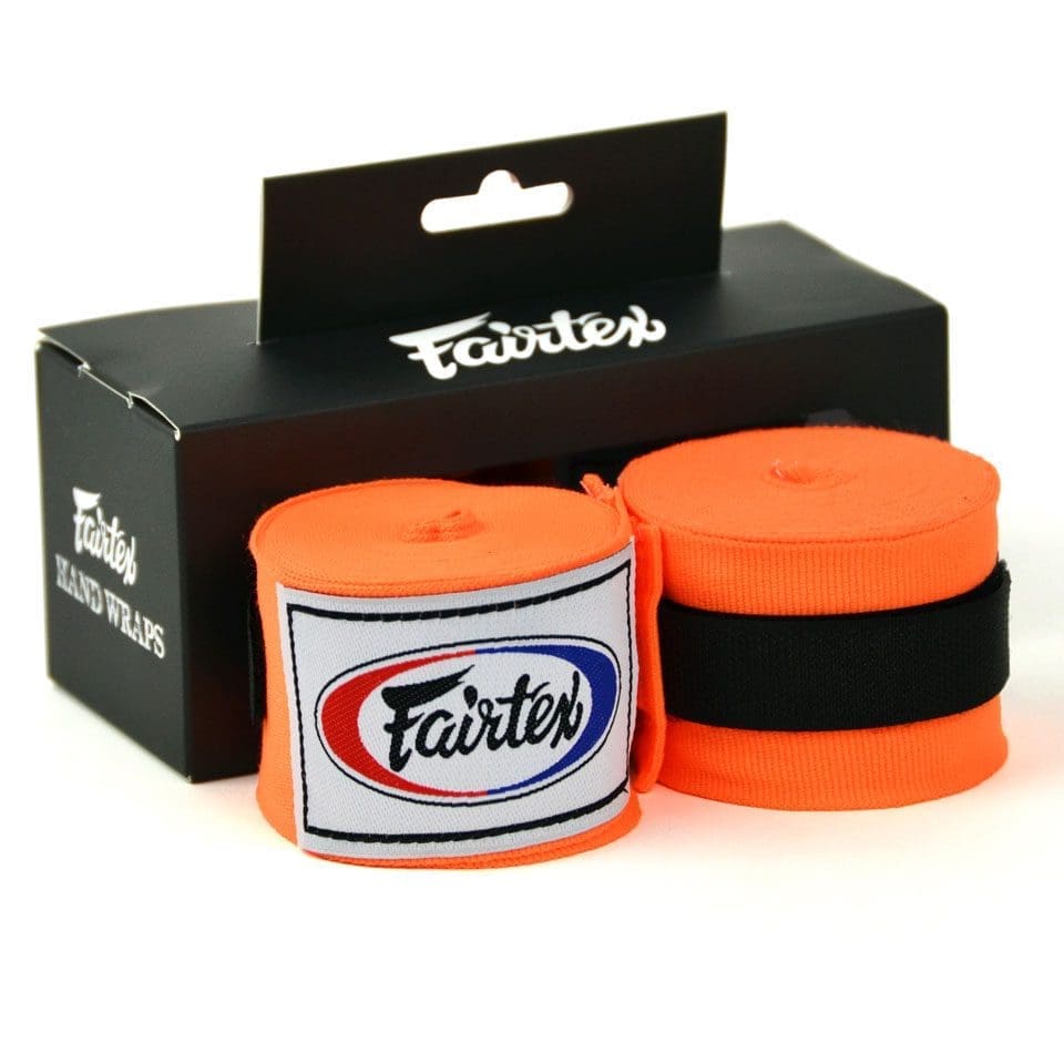 fairtex 4.5m hand wraps orange with black Fairtex packaging box