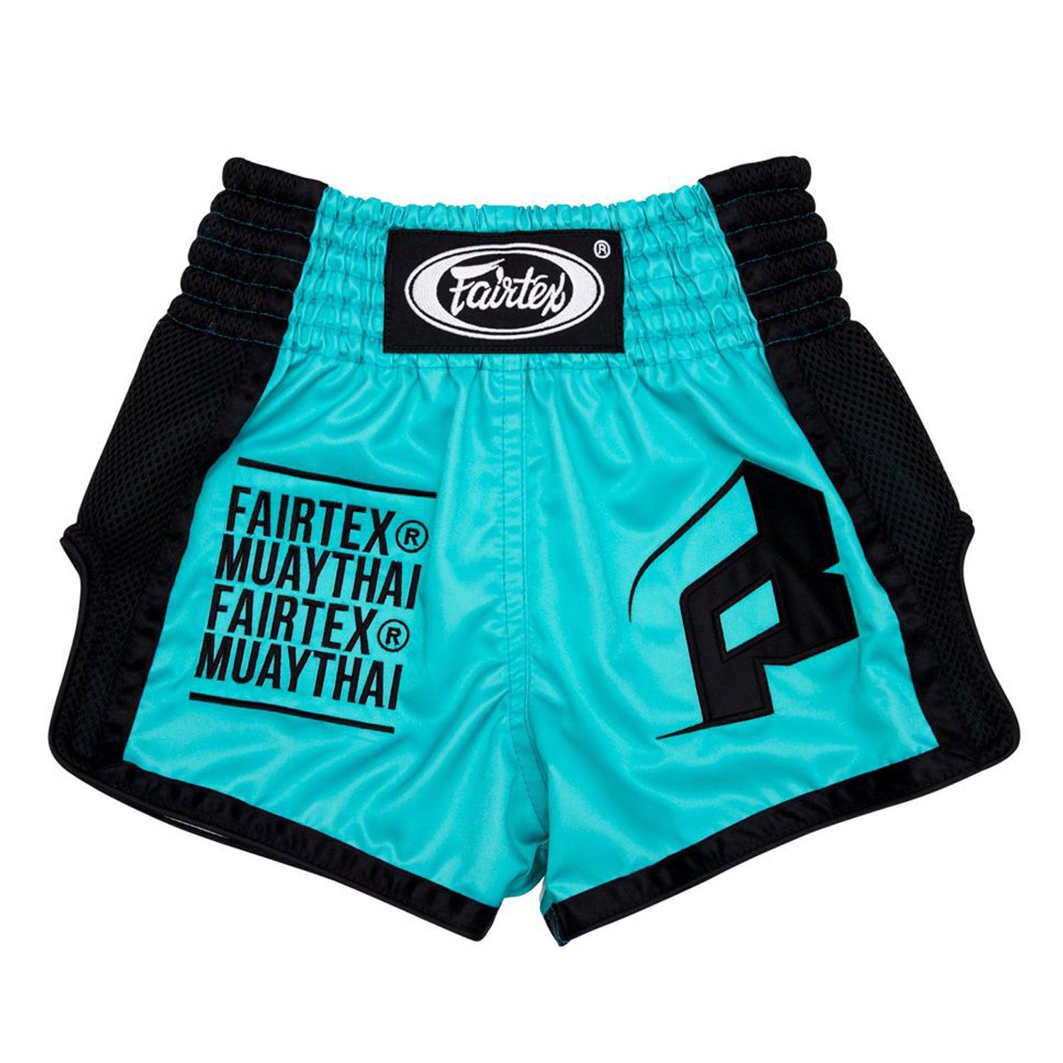 Fairtex kids Muay thai Shorts Turquoise with fairtex text in black and black piping/side panels