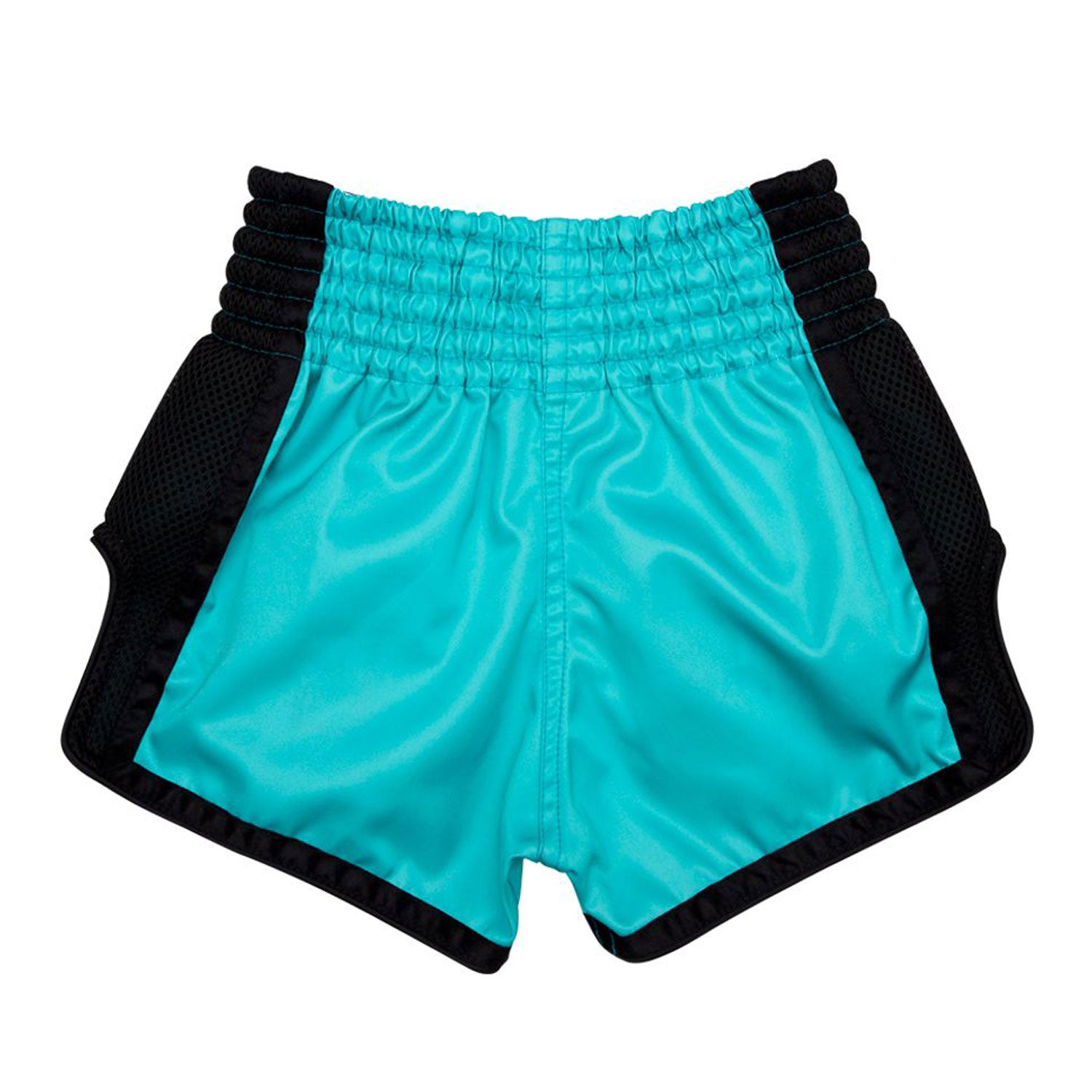 Fairtex kids Muay thai Shorts Turquoise with fairtex text in black and black piping/side panels