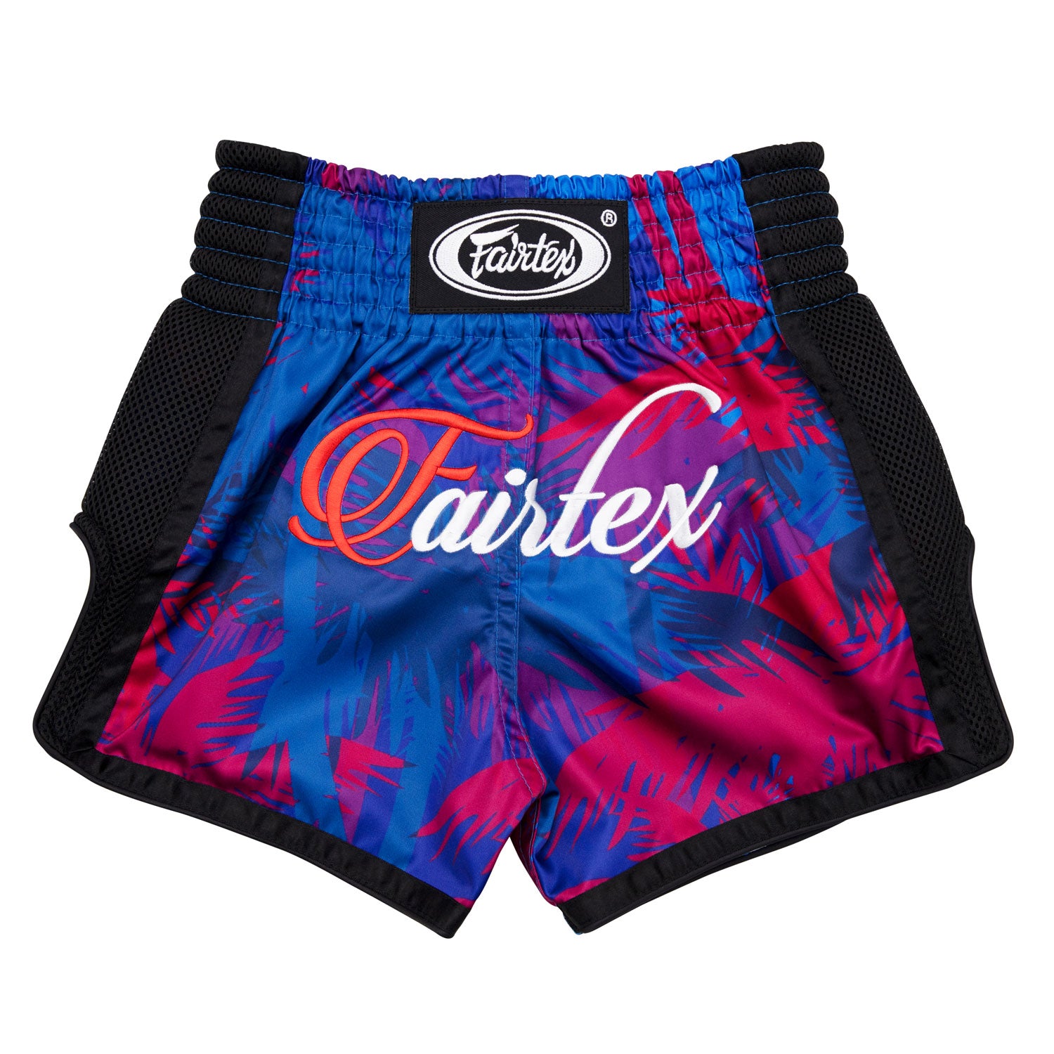 Fairtex Kids Muay Thai Shorts Summer BSK2102 design blue red with black piping and multi coloured fairtex logo