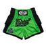 Fairtex Kids Muay Thai Shorts - Siam. Green shorts with black piping and black glitter Fairtex logo and Fairtex logo waistband