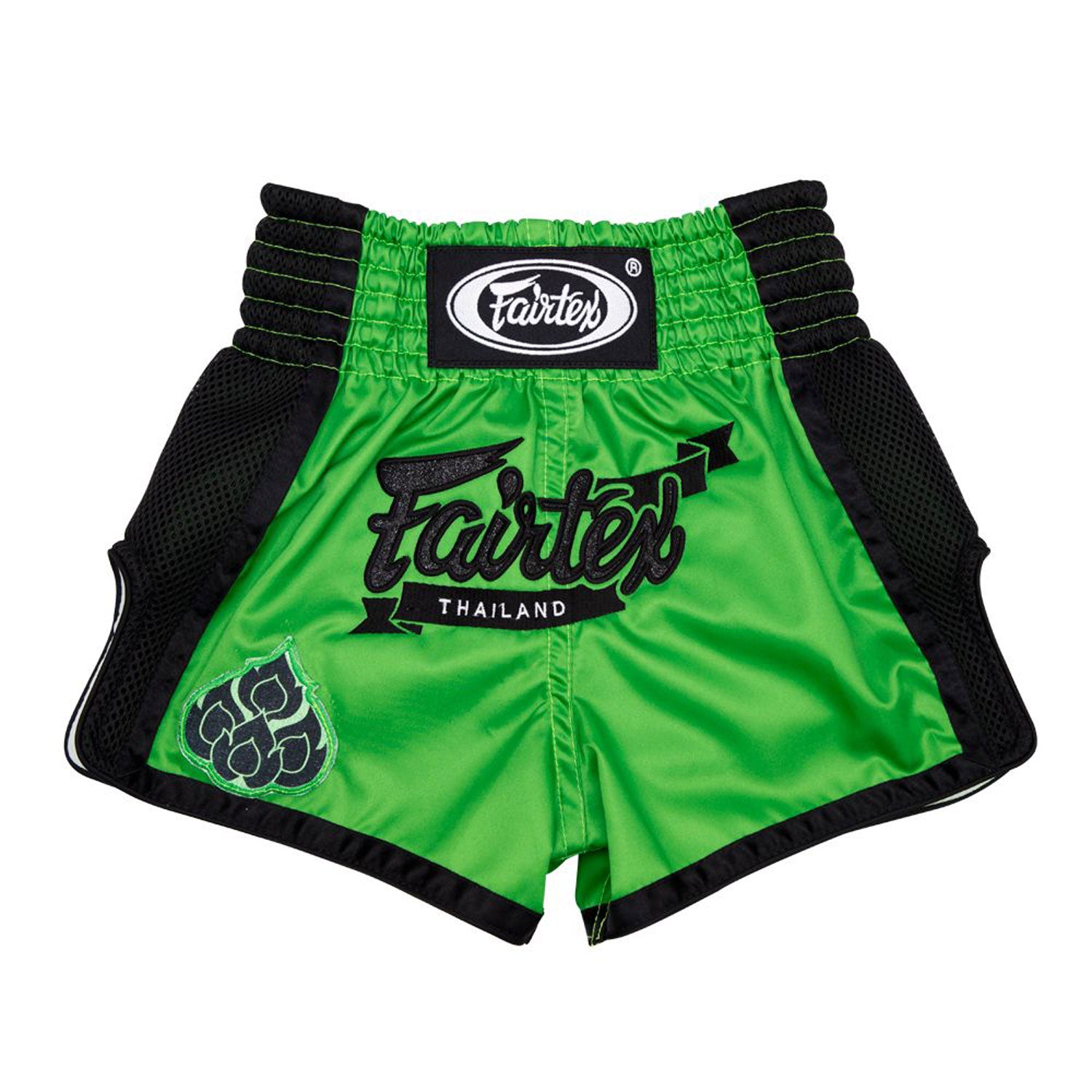 Fairtex Kids Muay Thai Shorts - Siam. Green shorts with black piping and black glitter Fairtex logo and Fairtex logo waistband