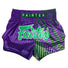 fairtex slim cut racer muay thai shorts purple with green stripes and green Fairtex logo
