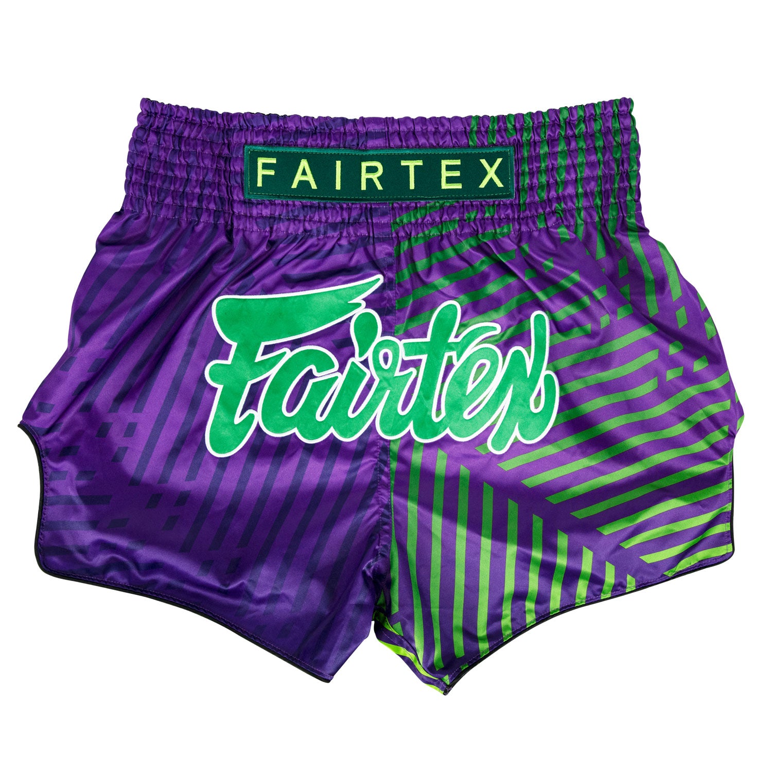 fairtex slim cut racer muay thai shorts purple with green stripes and green Fairtex logo