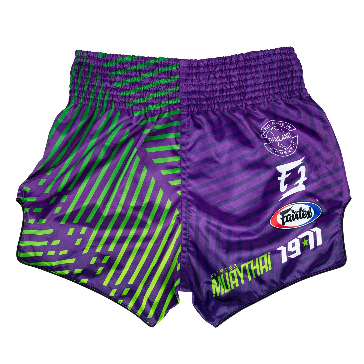 fairtex slim cut racer muay thai shorts purple with green stripes Fairtex logos on side