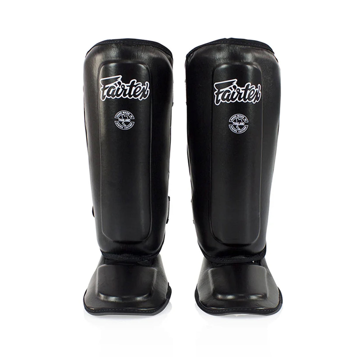 Fairtex SPK9 kids’ shin pads in black, front view showing shin and instep padding