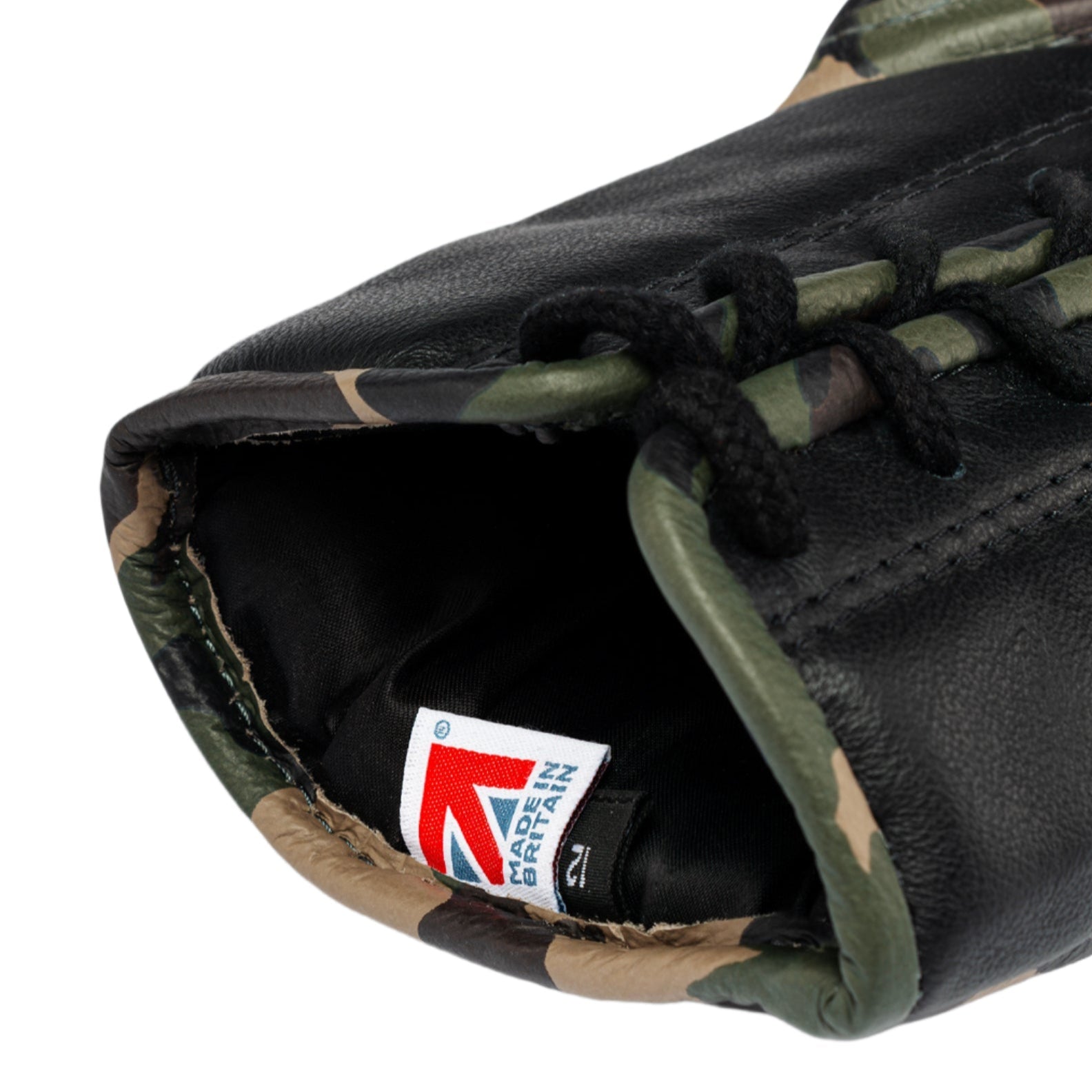 Fly Superlace 2 Boxing Gloves Black Camo close up look at bottom of wrist cuff with Made in Britain tag