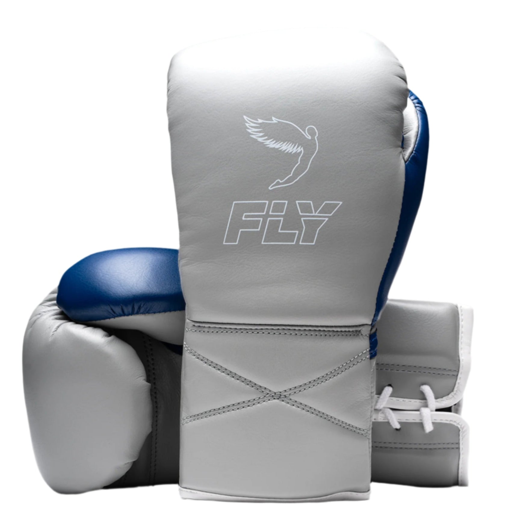 fly superlace x 2 gloves grey/space blue with white fly logo, blue thumb lace boxing gloves design