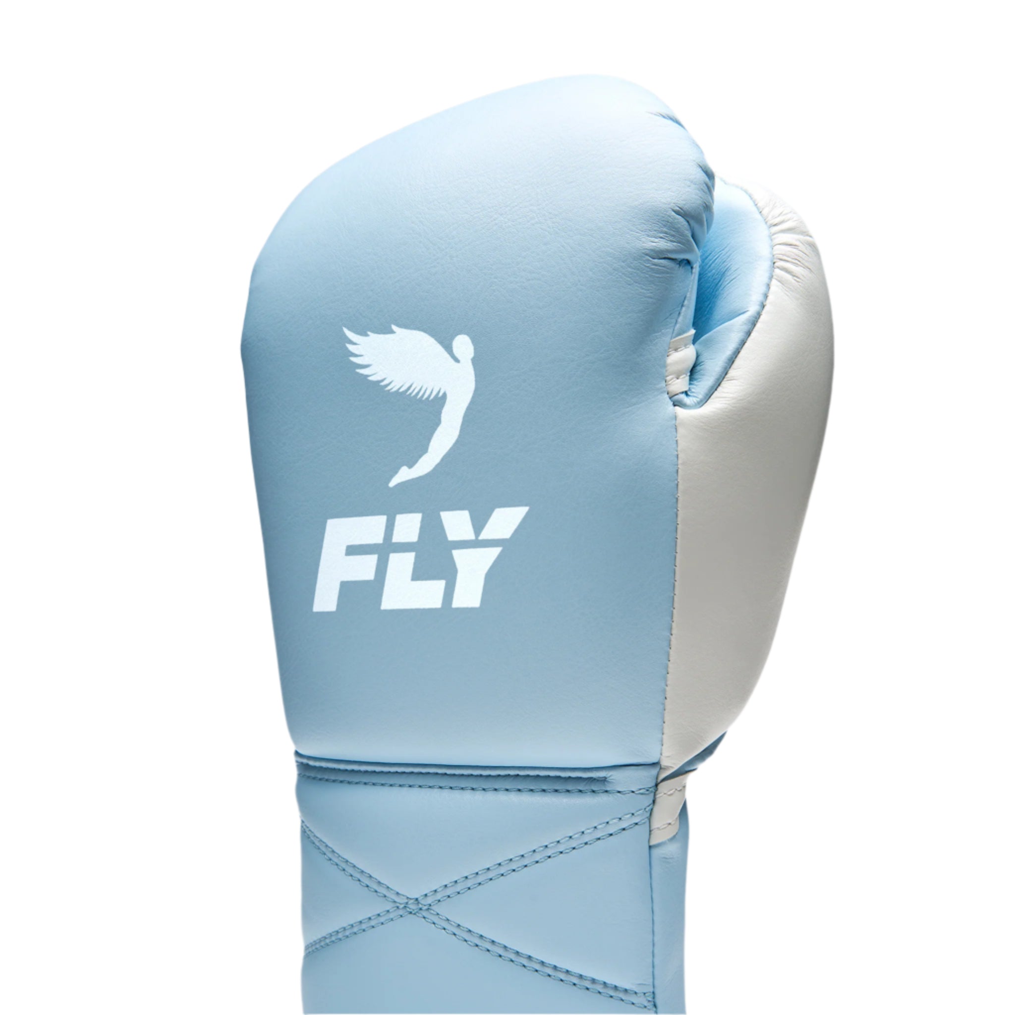 fly superlace x 2 gloves pale blue with grey thumb and white fly logo lace up boxing gloves design