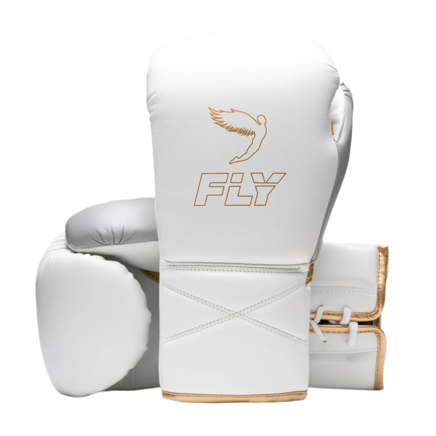 fly superlace x 2 gloves white grey gold colour with gold fly outline logo lace up boxing gloves design