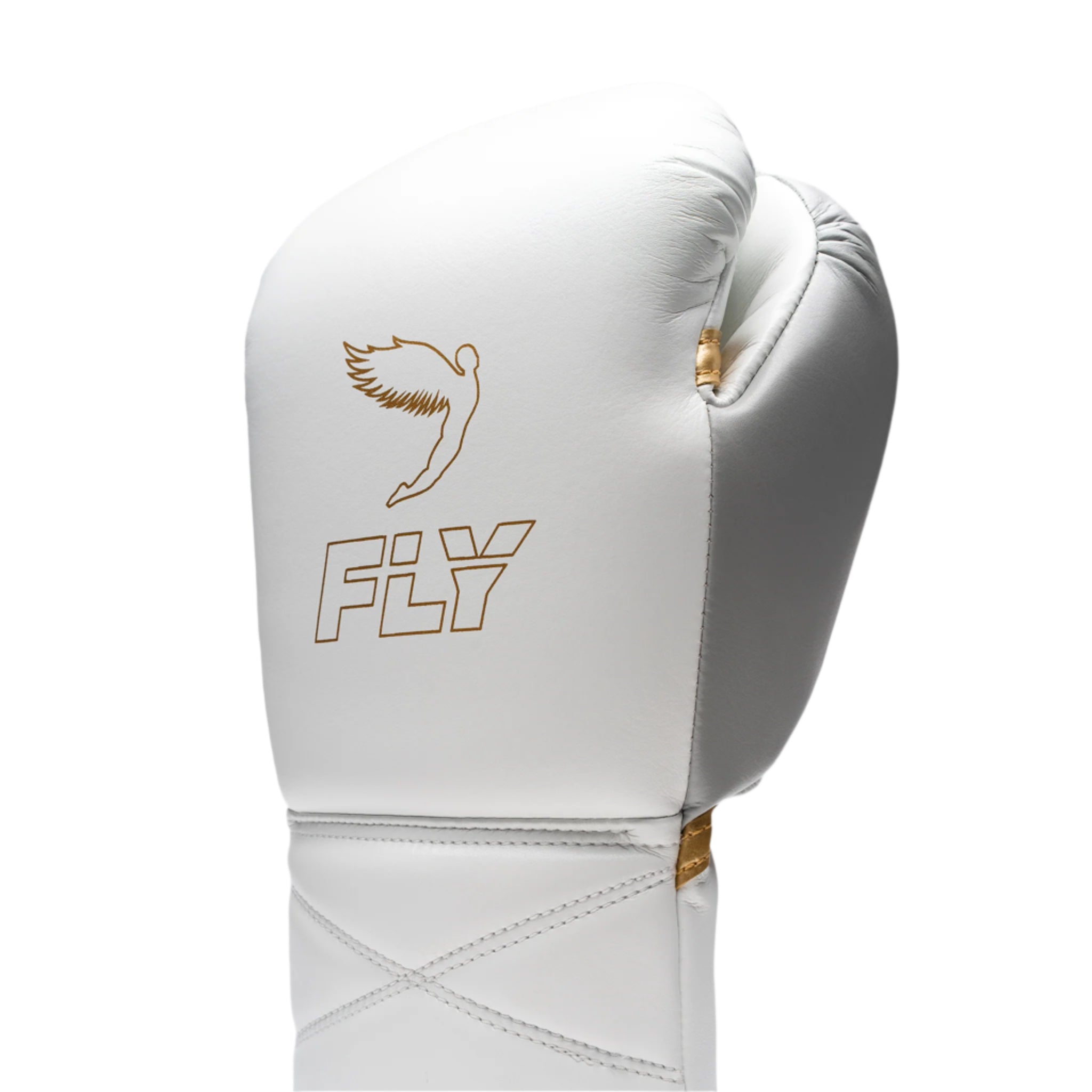 fly superlace x 2 gloves white grey gold colour with gold fly outline logo lace up boxing gloves design
