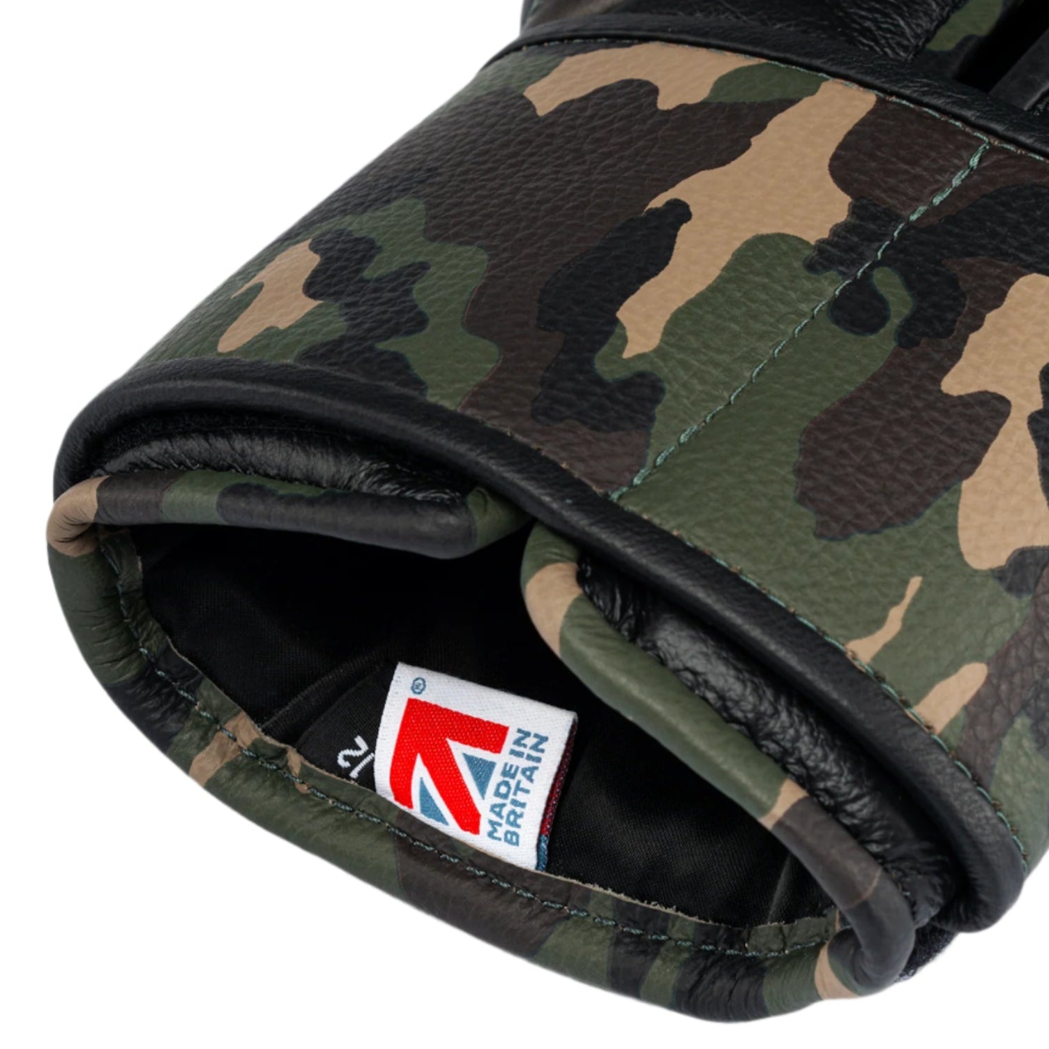 Fly Superloop 2 Boxing Gloves Black Camo up close look at velcro strap with Made in Britain tag