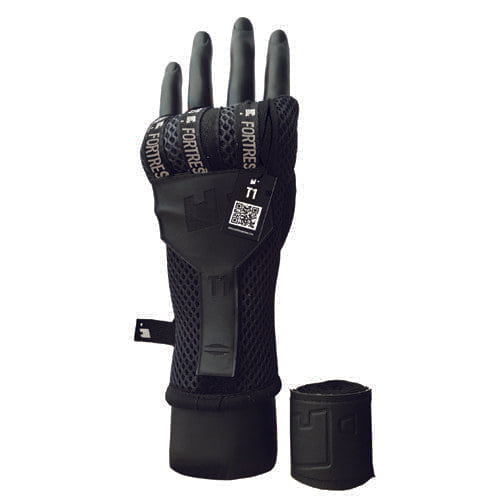 Fortress T1 Fast Wraps in black showing fitted on a hand and a black 1m handwrap sitting to the side