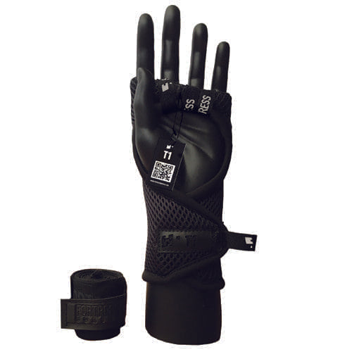 Fortress T1 Fast Wraps black showing fitted on a hand and a black 1m handwrap sitting to the side