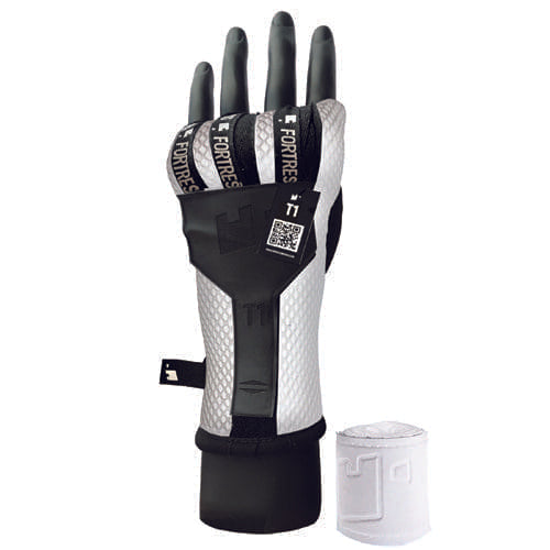 Fortress T1 Fast Wraps in white showing fitted on a hand and a white 1m handwrap sitting to the side