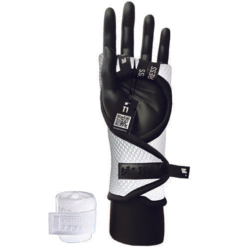 Fortress T1 Fast Wraps in white showing fitted on a hand and a white 1m handwrap sitting to the side