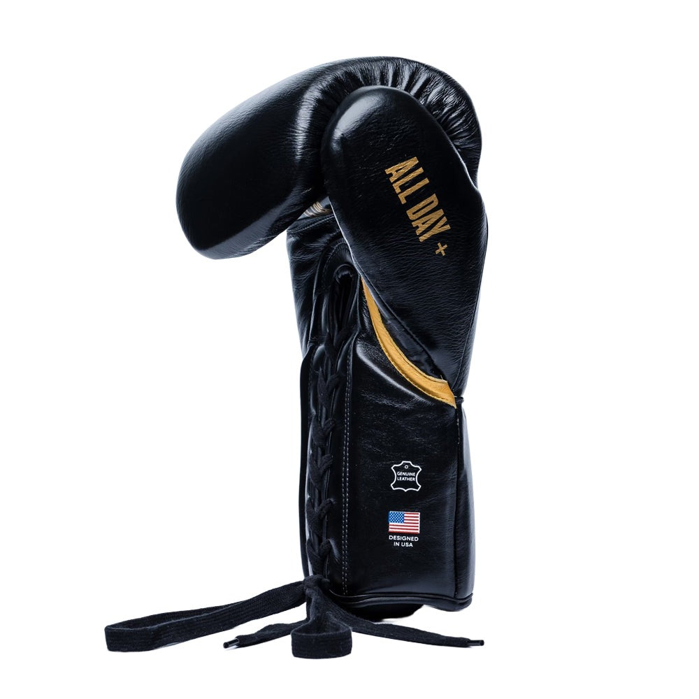 Hit n Move 24oz Conditioning Lace Boxing Gloves black with gold and gold Hit n Move logo