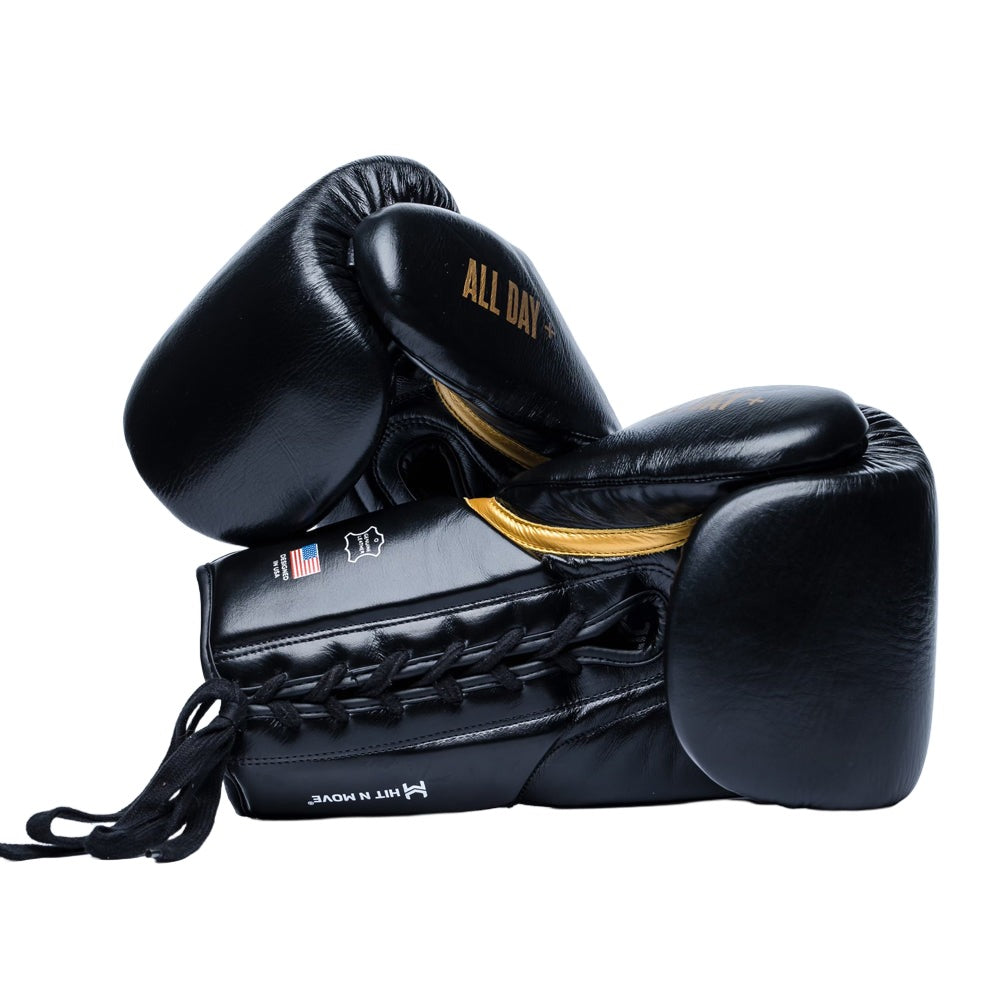 Hit n Move 24oz Conditioning Lace Boxing Gloves black with gold and gold Hit n Move logo
