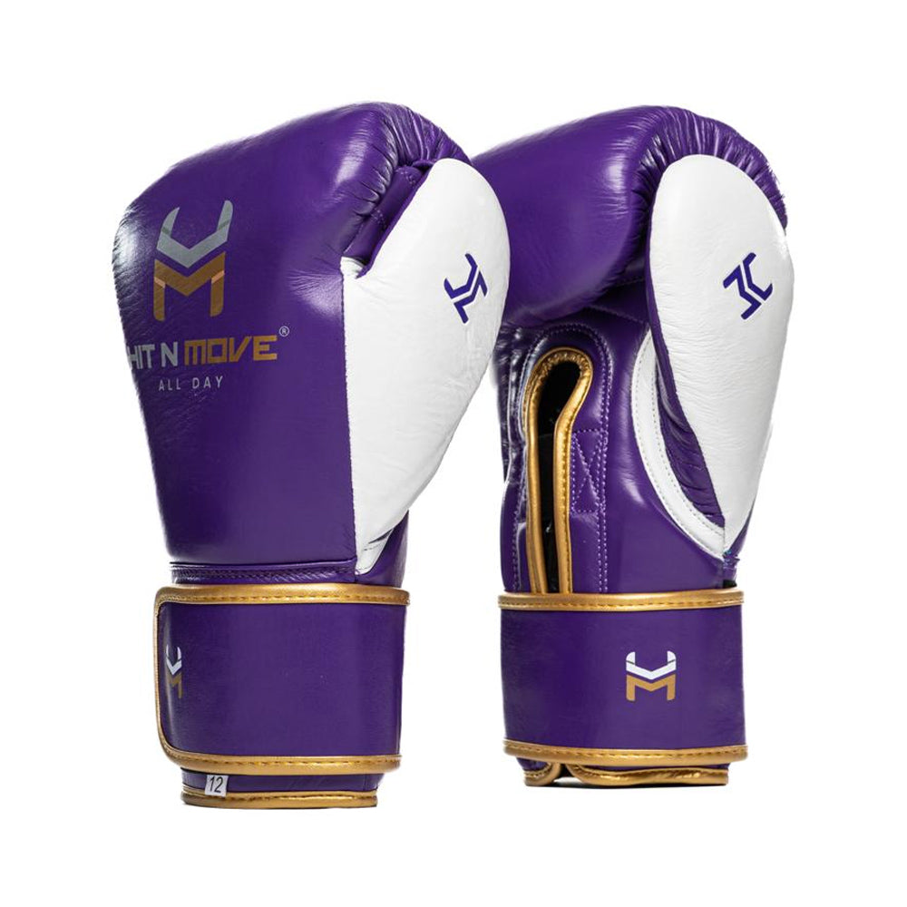 Hit n Move All Day nbalance Boxing Gloves Velcro Purple Gold and White