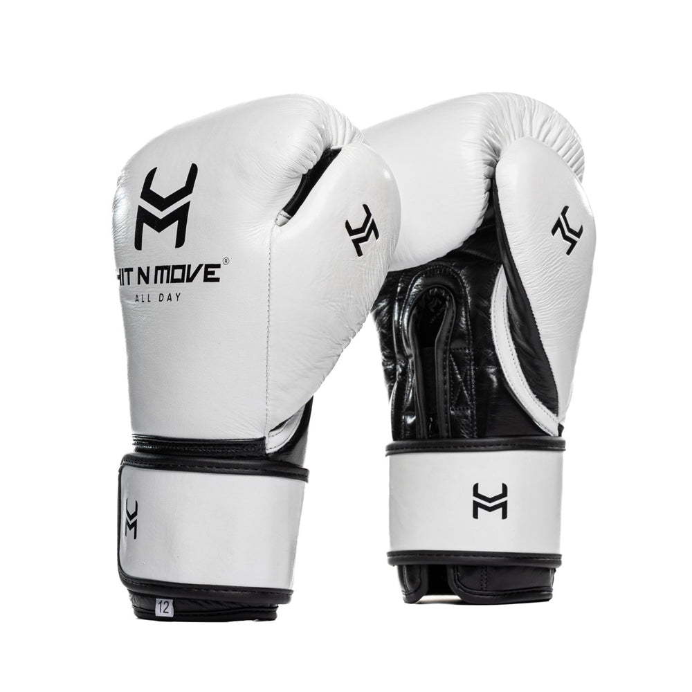 Hit n Move All Day Balance Boxing Gloves Velcro White with black inside palm and black Hit n Move boxing logo
