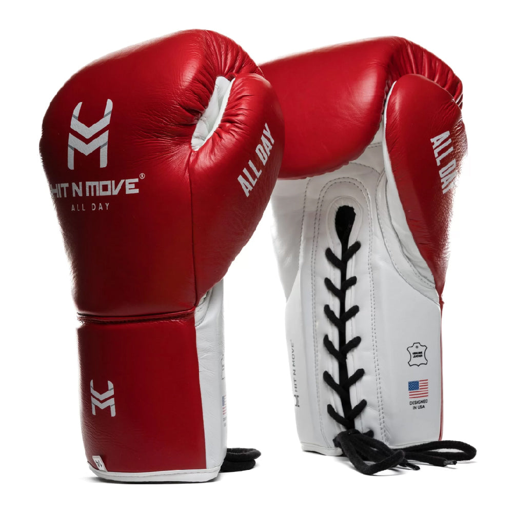 Hit n Move All Day Pro Agility Lace up Boxing Gloves. Red and White colours with black laces and white Hit n Move logo