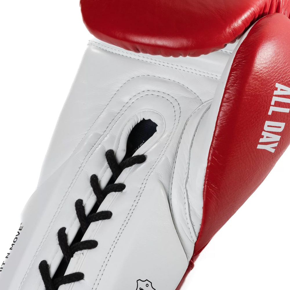 Hit n Move All Day Pro Agility Lace up Boxing Gloves. Red and White colours with black laces