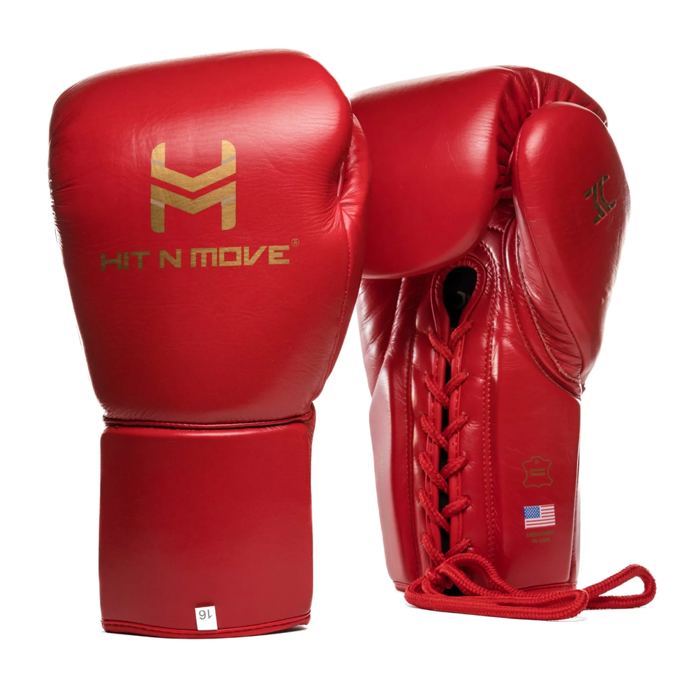 Hit n Move All Day Pro Balance Lace up Boxing Gloves with gold Hit n Move branding and red laces