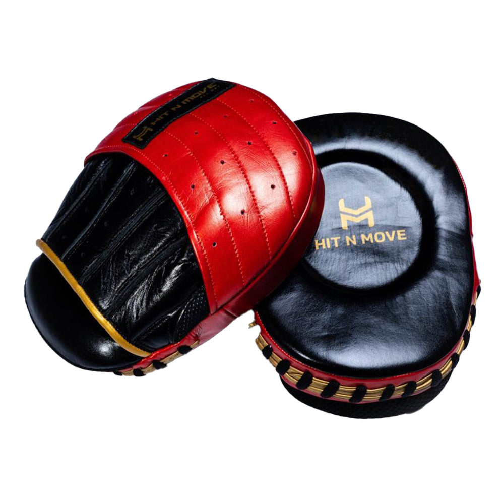 Hit n Move Micro Mitts Black and red boxing pads with gold Hit n Move logo