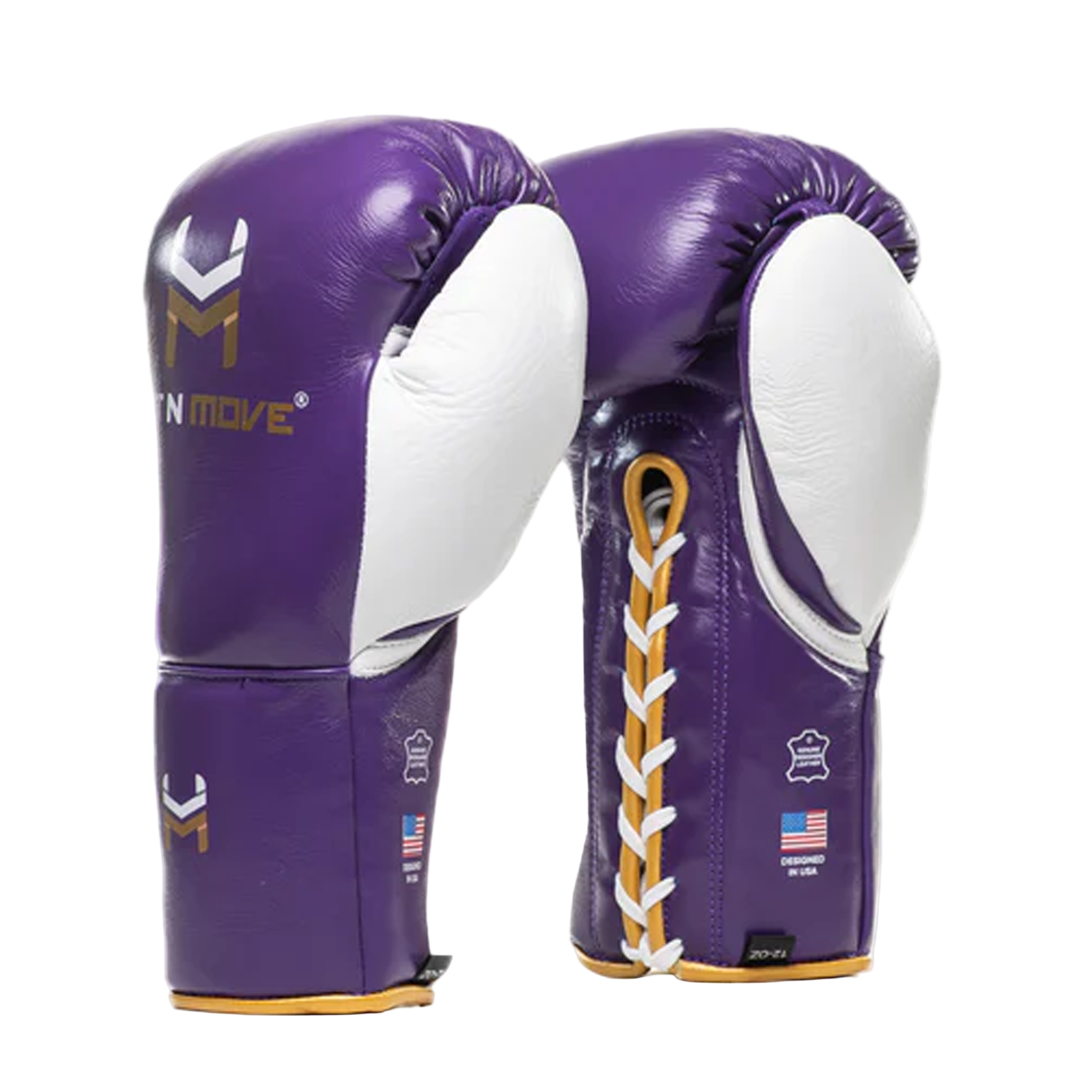 Hit n Move Suvari Lace Horse Hair Boxing Gloves Purple with white and gold Hit n Move logo and white thumb