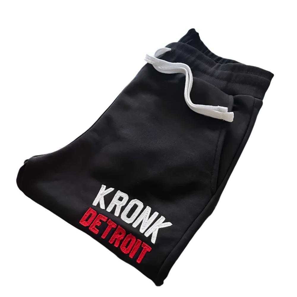 Kronk Iconic Detroit Chain Stitch Joggers Black with white and red kronk Detroit text