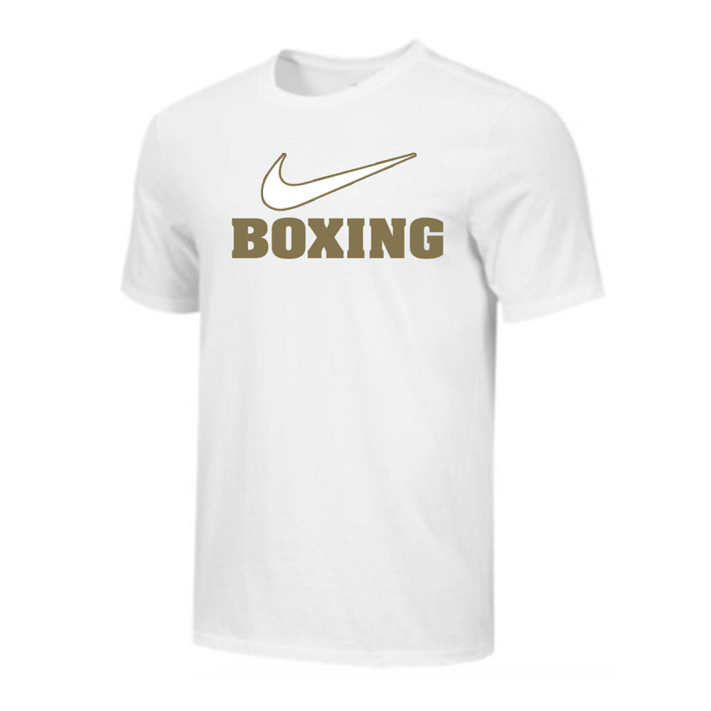Nike Boxing T-Shirt White/Gold. White Nike swoosh with gold outline and boxing text underneath