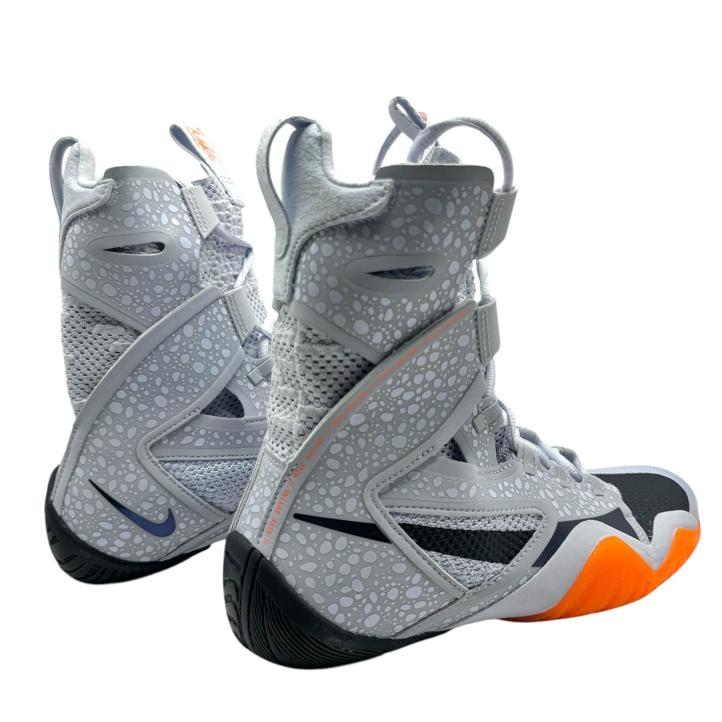 Nike Hyper KO 2.0 SE Paris Olympics Boxing Boots grey with black swoosh and orange black sole rear view looking at boots from the back