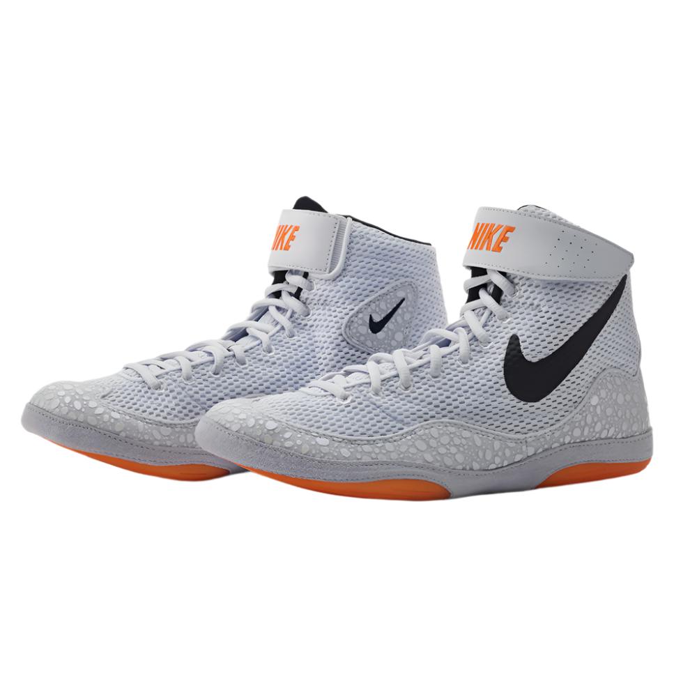 Nike Inflict SE Olympic Wrestling Boots grey with black Nike swoosh and orange sole