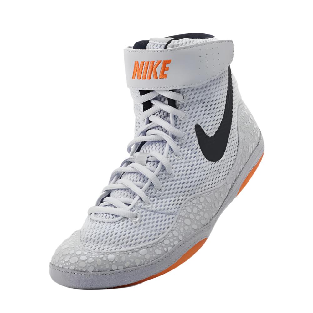 Nike Inflict SE Olympic Wrestling Boots grey with black Nike swoosh and orange sole