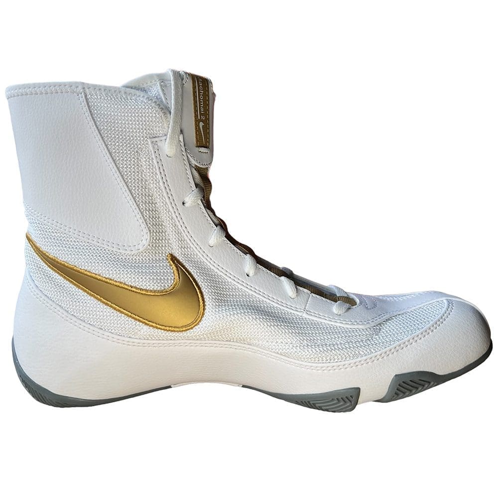 Nike V2 Machomai Boxing Boots White with gold Nike swoosh logo