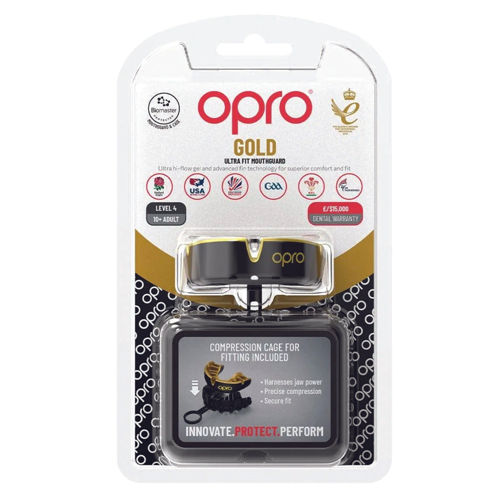 Opro Gold Mouthguard black with gold and gold Opro logo in clear packaging